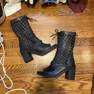 Lace-Up Cutout Peep-Toe Heeled Boots - Black